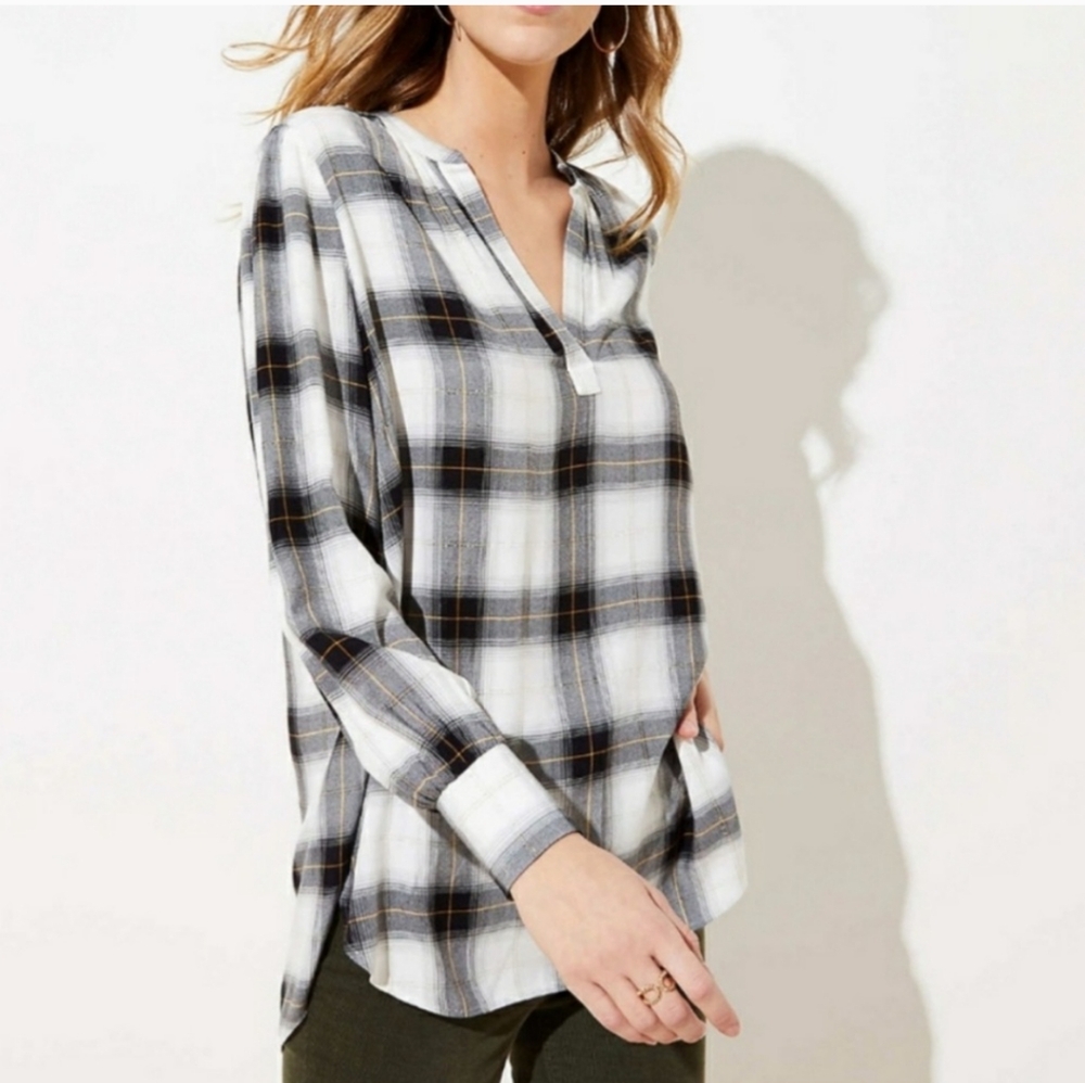 Loft Black White Grey Yellow Plaid with Metallic Gold Thread Tunic/Shirt Size LP